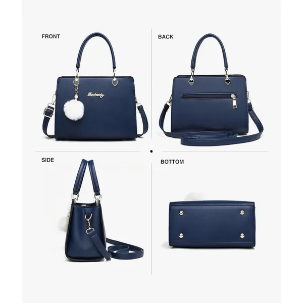 Navy Blue PU Leather Satchel Crossbody‎ Bag Heart Hardware Pom Pom Charm - Image 5