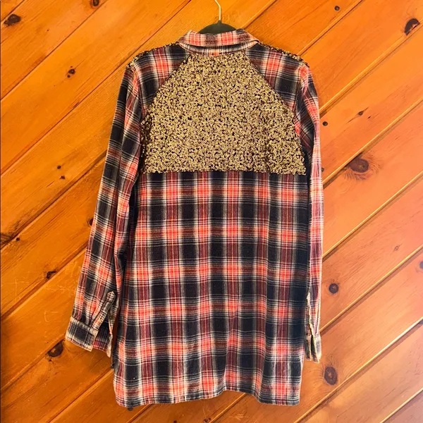 Free people little bit of sugar red plaid sequin flannel shirt - Image 8