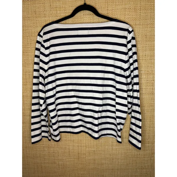 J.Crew Womens XL Navy Blue‎ White Striped Long Sleeve Boat Neck Cotton Tee Shirt - Image 4