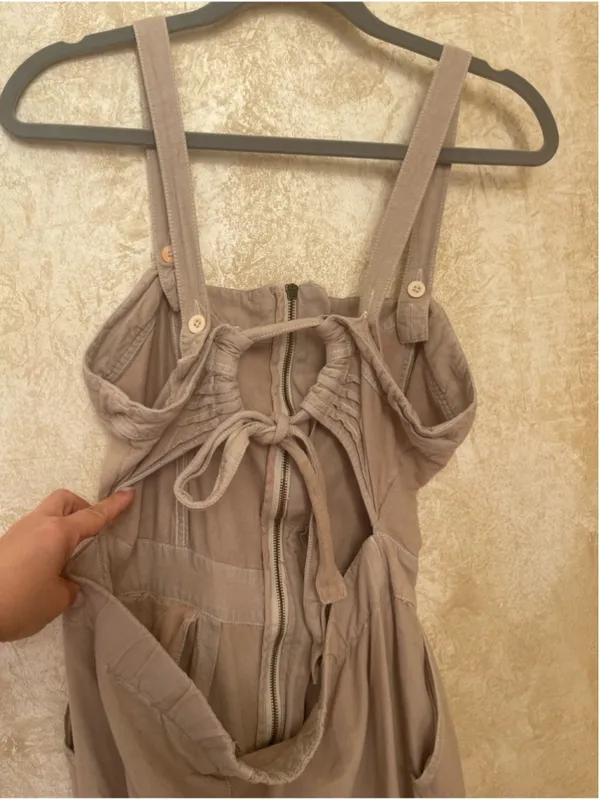 Free People Call On Me Tan Linen Blend Zip Front Wide Leg Jumpsuit Size XL - Image 6
