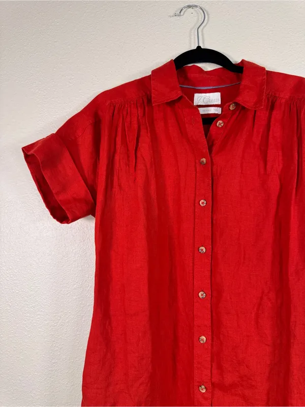 J Crew Orange Linen Short Sleeve Button Down Shirt Dress Womens XS Casual Mini - Image 12