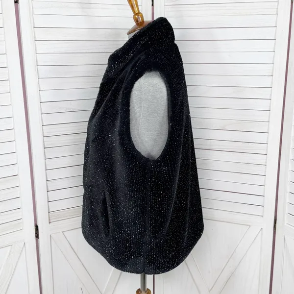 Betsey Johnson Faux‎ Fur Vest Black Metallic Silver Shimmer Large - Image 2