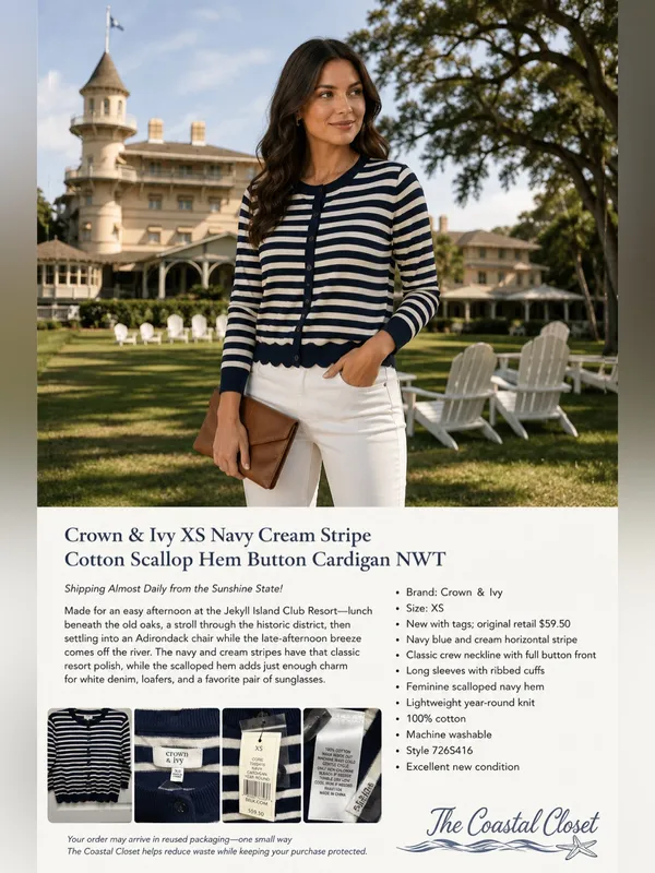 Crown & Ivy XS Navy Cream Stripe Cotton Scallop Hem Button Cardigan NWT - Image 5