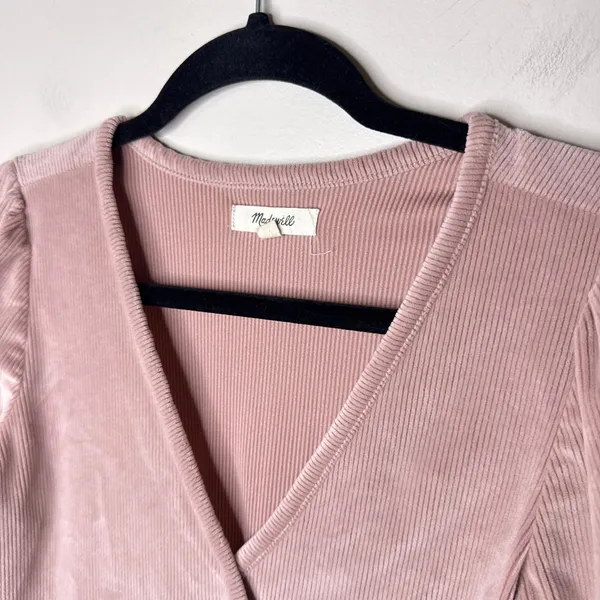 Madwell‎ Ribbed Velvet Surplice Peplum XS Top Mauve Dusty Rose Long Sleeves Soft - Image 3