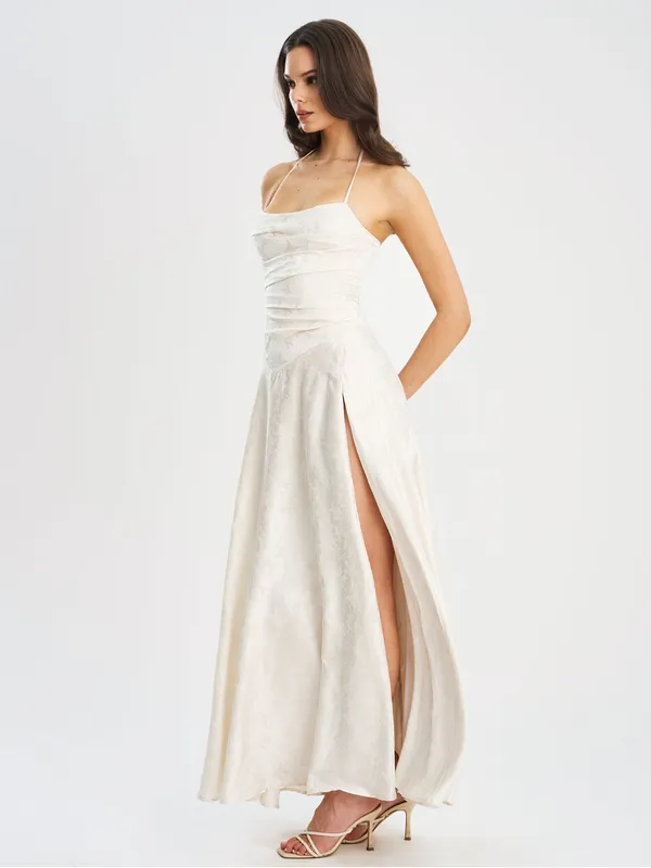 NWT Miss Circle Raegan Pearl White Jacquard Ruched Maxi Dress M - Image 4