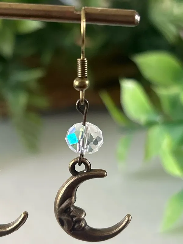 Handmade brass moon earrings with AB crystals - Image 3