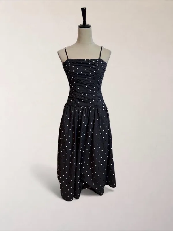 Trixxi Los Angeles Black White Polka Dot Ruched Drop Waist Midi Dress S - Image 2