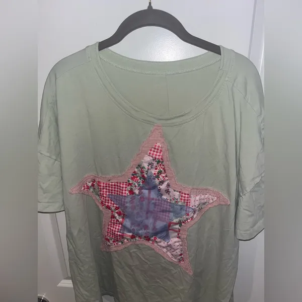 Layered Fabric Star Patchwork MintGreen Oversized T Shirt Y2K Indie Americana XL - Image 15
