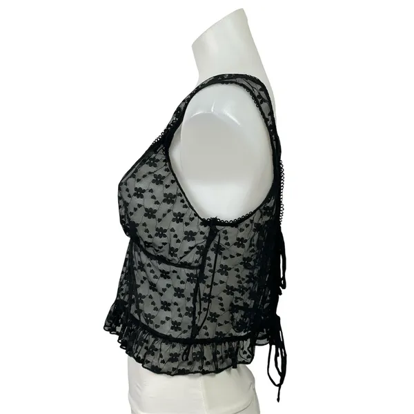 Victoria + Sophia Black Floral Lace Sleeveless Ruffle Sheer Crop Tank Top Size L - Image 2