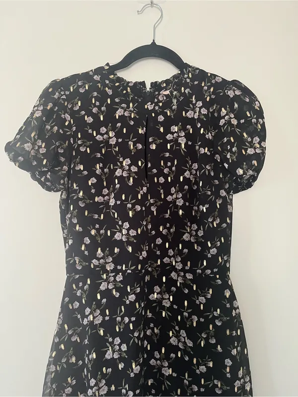 Black Pink Dainty Floral Chiffon Puff Sleeve Mini Dress Small Romantic Tea Party - Image 2