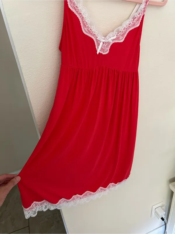 Dolls Kill Avid love ❤️ red white lace trim babydoll nighty mini slip dress S - Image 5