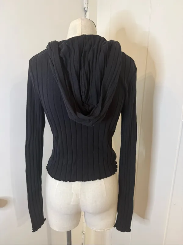 Lottie Moss Cropped Black Ribbed Zip-Up Hooded Cardigan Sz S - Image 2