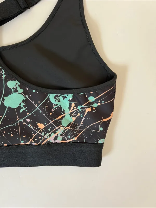 Printed Black Sports Bra with Pastel Splatter Detail - Image 6