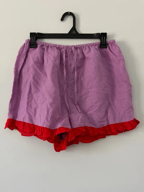 Dora Larsen Free People Lavender Red Ruffle Pull On Linen Organic Cotton Shorts - Image 2