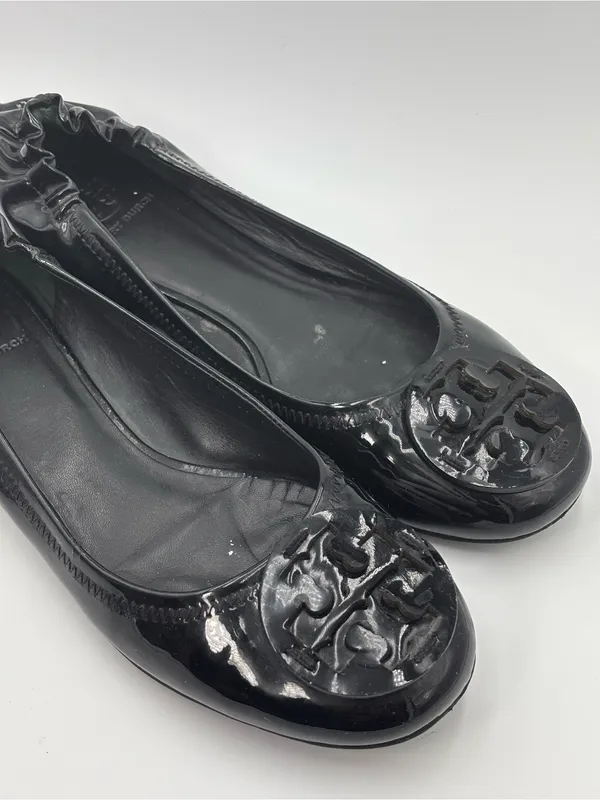 Tory Burch Black Patent‎ Leather Logo Ballet Flats Size 7.5/8 - Image 2
