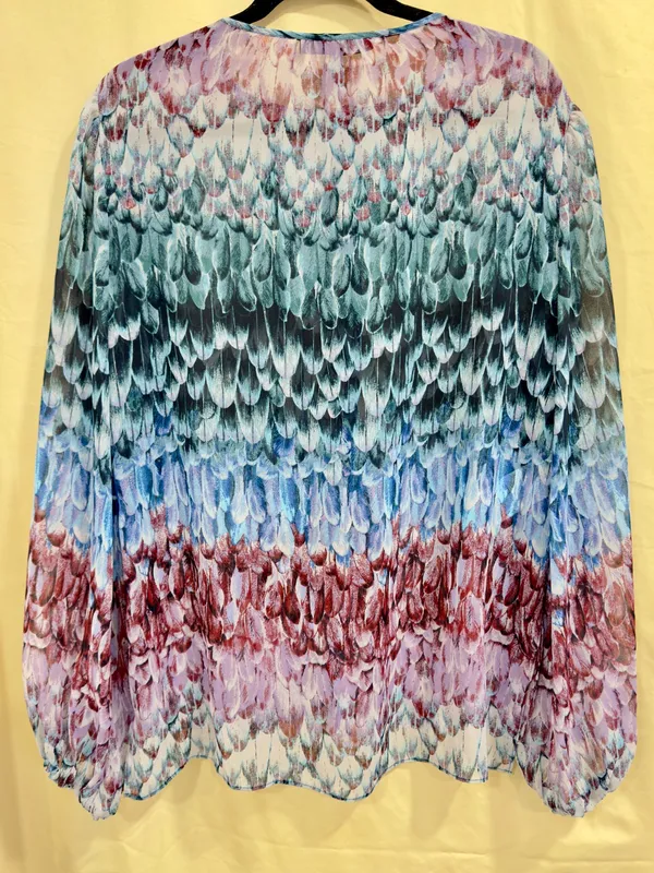 BCBGMAXAZRIA Feather Print Sheer Peasant Blouse Blue Purple Tie Neck Size L - Image 4