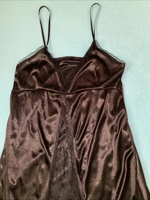 Unbranded satin silky floral lace front panel slip lingerie chemise black size M - Image 6
