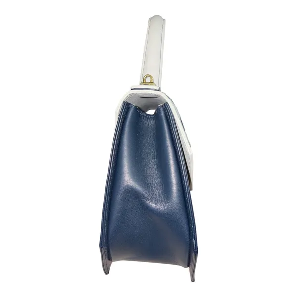 Vintage Madras Leather Crossbody Bag Top Handle Navy Blue Cream M logo - Image 8