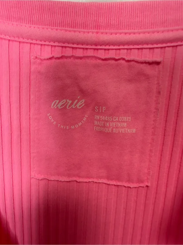 aerie Ribbed Neon Pink Notch V-Neck Long Sleeve Top - Image 3