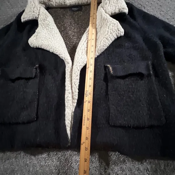 Zara Knit Womens M Black Cream Sherpa Collar Open Front Jacket Cardigan Textured - Image 9