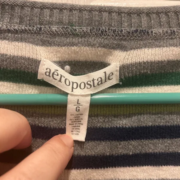Aeropostale Womens Striped V Neck Long Sleeve‎ Top Gray Green Blue Large - Image 3