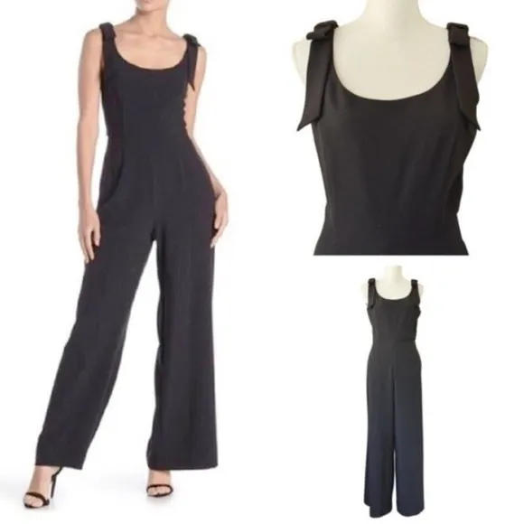 JULIA JORDAN Black Sleeveless Wide Leg Scoop‎ Neck Jumpsuit Bow Shoulder Size 6 - Image 7