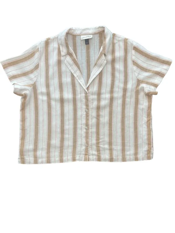 Universal Threads striped linen blend earth tones button down short sleeve top L - Image 2