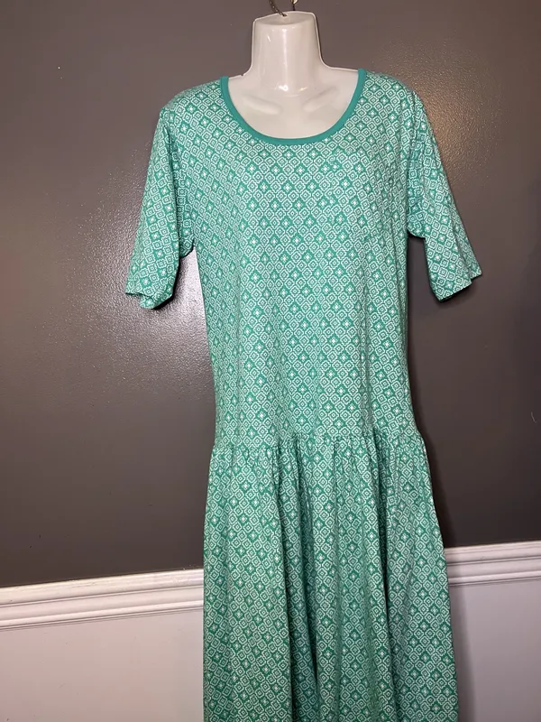 Vintage Intro T Shirt Dress Womens Medium Green Geometric Drop Waist Midi Cotton - Image 2