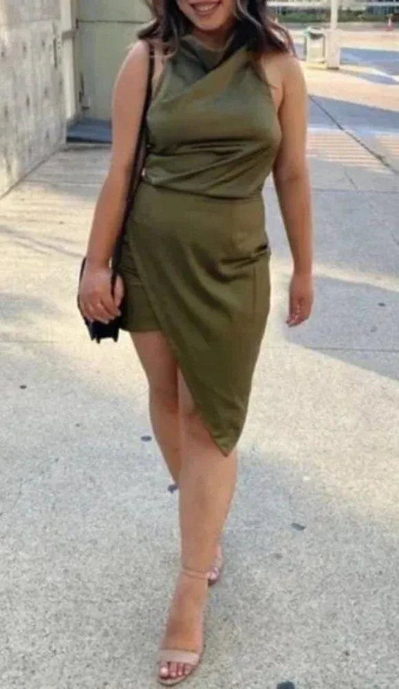 ELLIATT Camo Asymmetric Satin Cocktail Dress in Khaki Size X-Small - Image 12