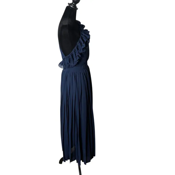 Lulus Navy Blue Ruffle Chiffon Midi Maxi‎ Dress Flowy One Shoulder Formal Size M - Image 3