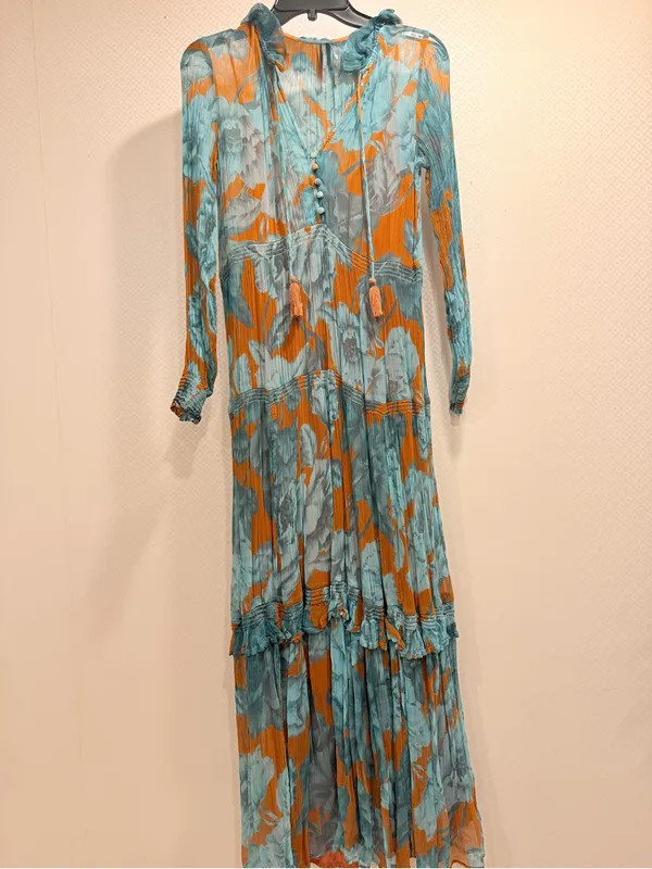 Anthropologie The Marais Printed Tiered Teal Floral Maxi Dress Boho Floral XS - Image 2