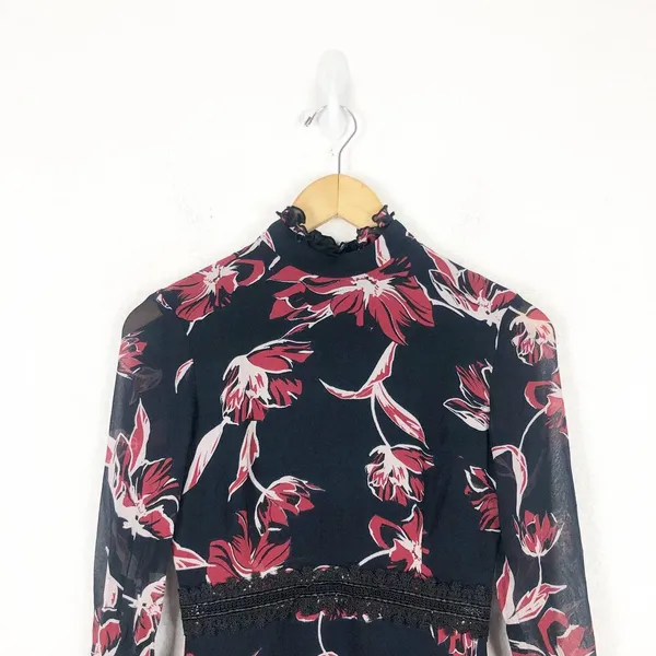Nicholas French Floral Mini Dress Size 2 Silk Long Sleeve Ruffle Aline High Neck - Image 5