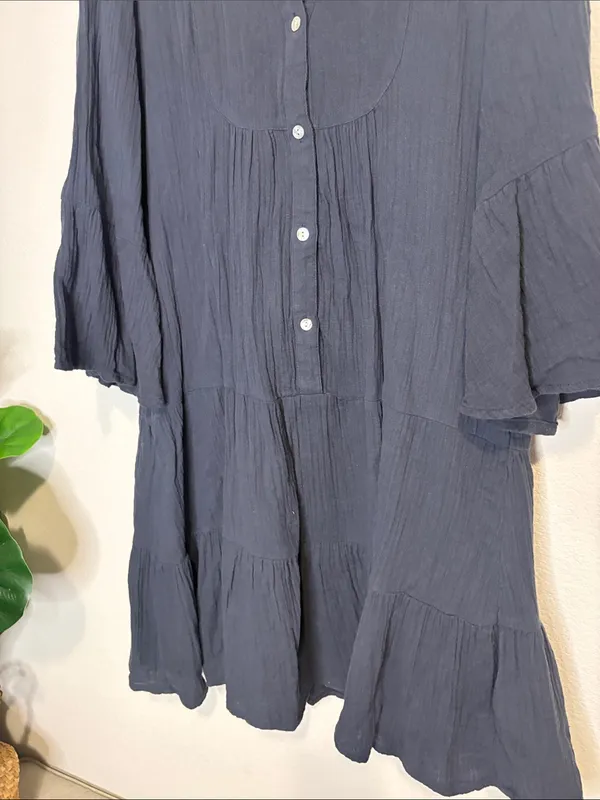 Quince Organic Cotton Gauze Tiered Mini Dress Indigo Blue M - Image 5