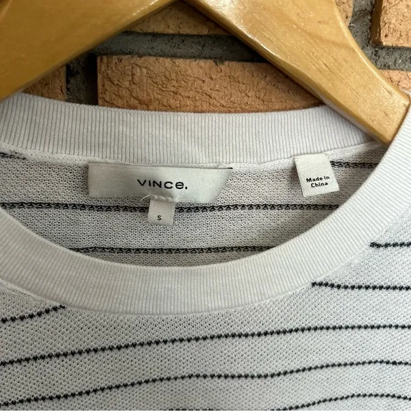VINCE Cotton Lightweight Mesh White Black Stripe Crewneck Long Sleeve Sweater S - Image 3