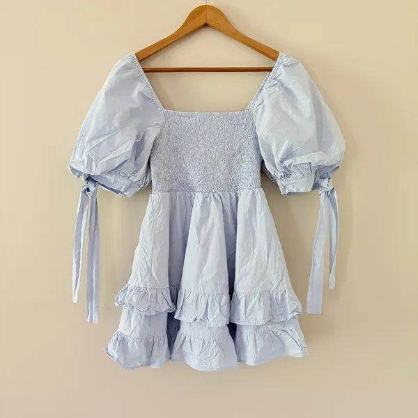 Showpo Chelle Shirred Mini Dress Tie Sleeve 8 Ice Blue Smocked Ruffle Cotton - Image 2
