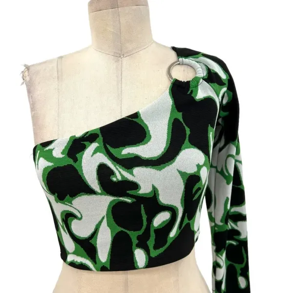 Zara Jacquard Asymmetric One Shoulder Crop Top Ring Detail Black Green‎ Small - Image 4