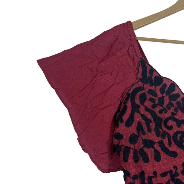 Sanni Embroidered Floral Peplum Flutter Sleeve Top Burgundy Boho Size XL - Image 4