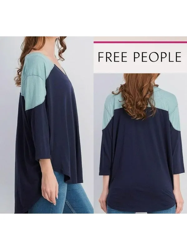 We The Free People Size S Womens Two Tone V Neck Oversized Baseball Tee Top Boho - Image 2