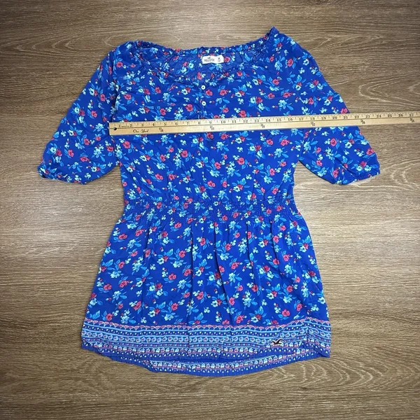 Hollister Blue Floral Peasant Dress Women's M Boho Smocked Waist 3/4 Sleeve - Image 9