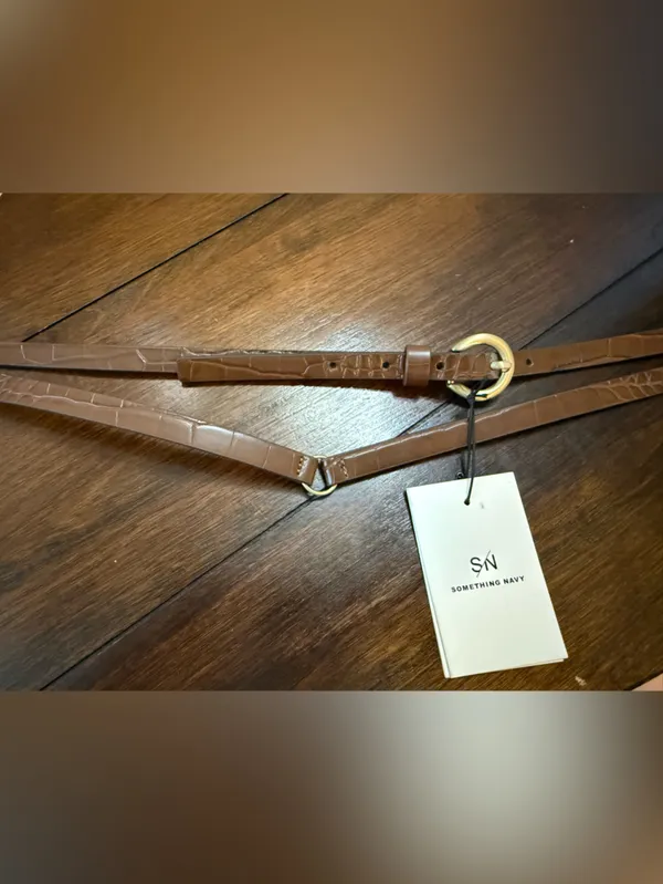 Something Navy Brown Faux-Croc Thin Belt with Gold Ring Accent S/M - Image 2
