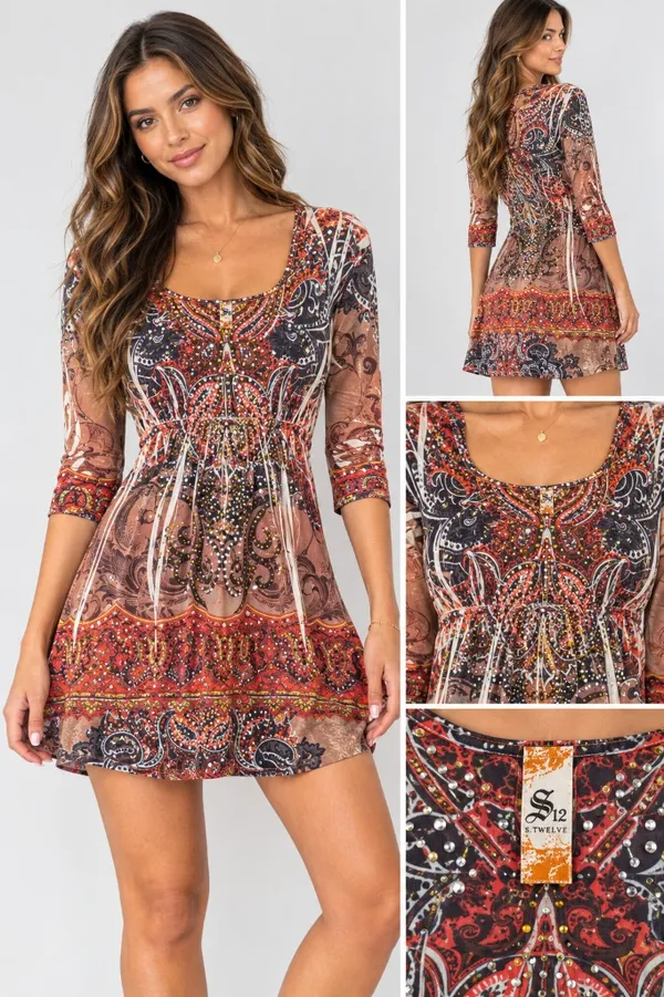 Paisley Rhinestone Embellished Boho Mini Dress Long Sleeve S - Image 2