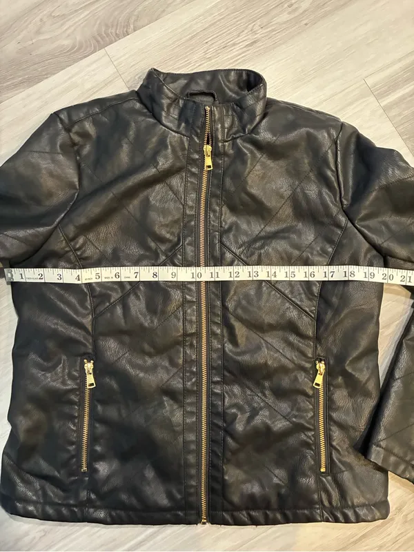 Black‎ Faux Leather Zip Jacket with Gold Hardware - Image 2