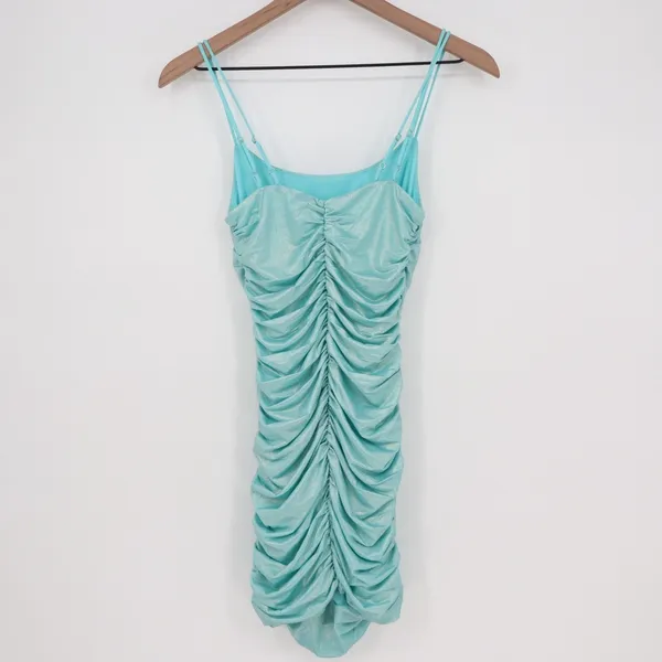 Lucy In The Sky Mini Dress Womens Small Aqua Ruched Scoop Neck Spaghetti Strap - Image 5