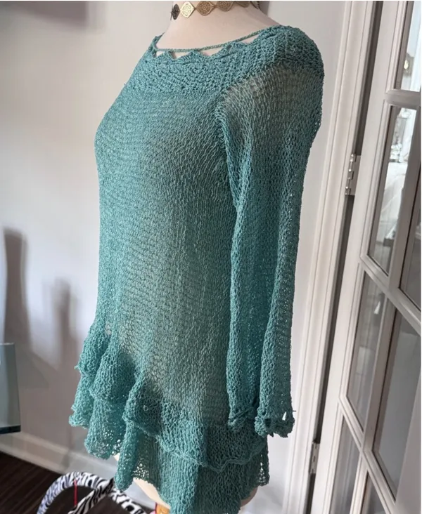 Teal Open Weave Ruffled Knit Tunic Sweater - Image 3