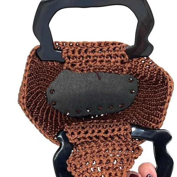 Womens Crochet Double Plastic Handle Tote‎ Handbag Brown 7”x 8.5”x 4” - Image 5