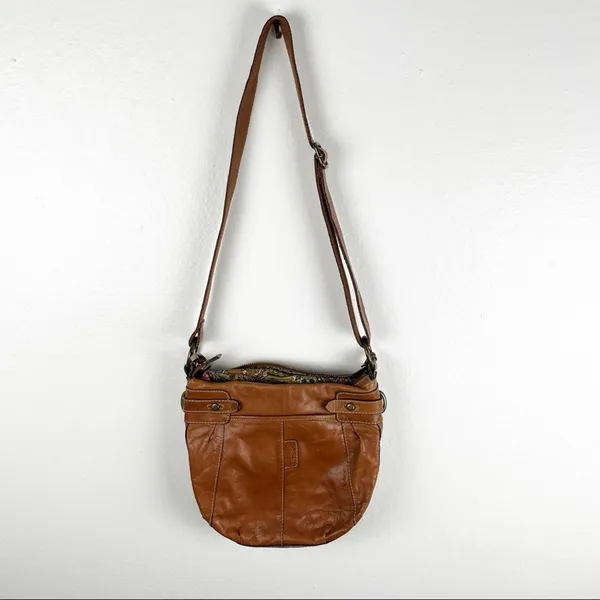 FOSSIL Brown Leather Stitched Adjustable Strap  Paisley Lined Shoulder Bag Boho - Image 2