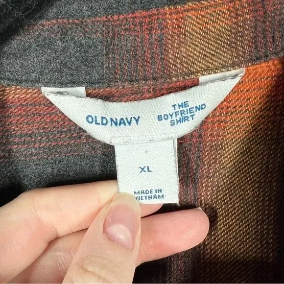 Old Navy Orange Brown Plaid Boyfriend Flannel Top - Image 3