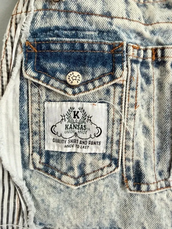 Vintage Kansas Jeans Acid Wash Patchwork Denim Shortalls M - Image 2