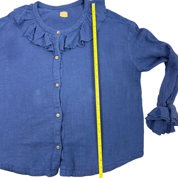 Free People Ruffled Neck Button‎ Front Cotton Shirt Blue Size L G - Image 8