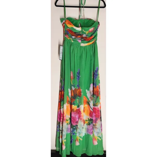 Betsy & Adam Green Floral Placement Print Tie Neck Maxi Dress A26401 GNM Size 8 - Image 3